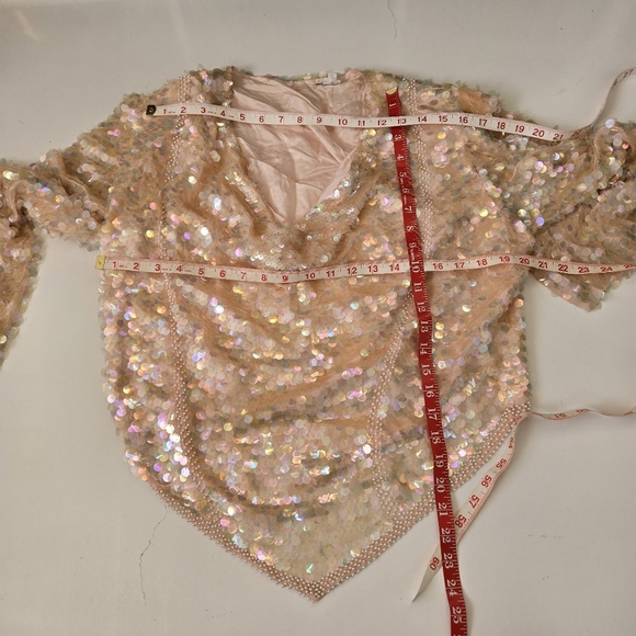 VTG Large Pink Ivory Full Sequin Glam Silk Evening Blouse 80s Beaded Iridescent‎ - Picture 15 of 16